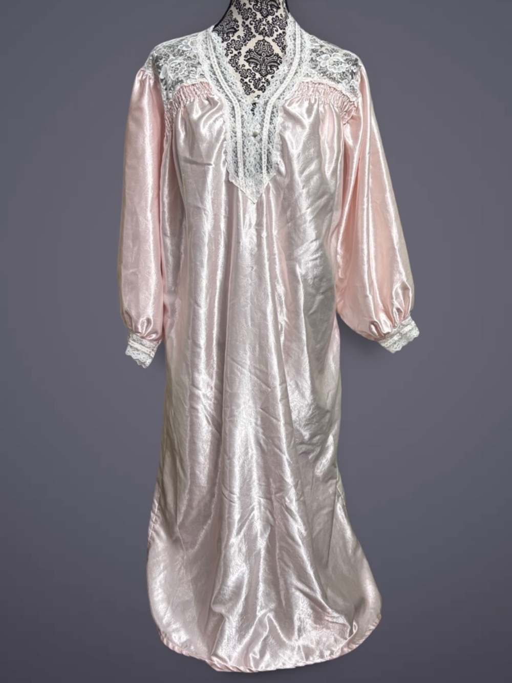 Vintage Soft Pink Satin Full Length Nightgown Lace Trim Poofy Long Sleeves L - Picture 12 of 12